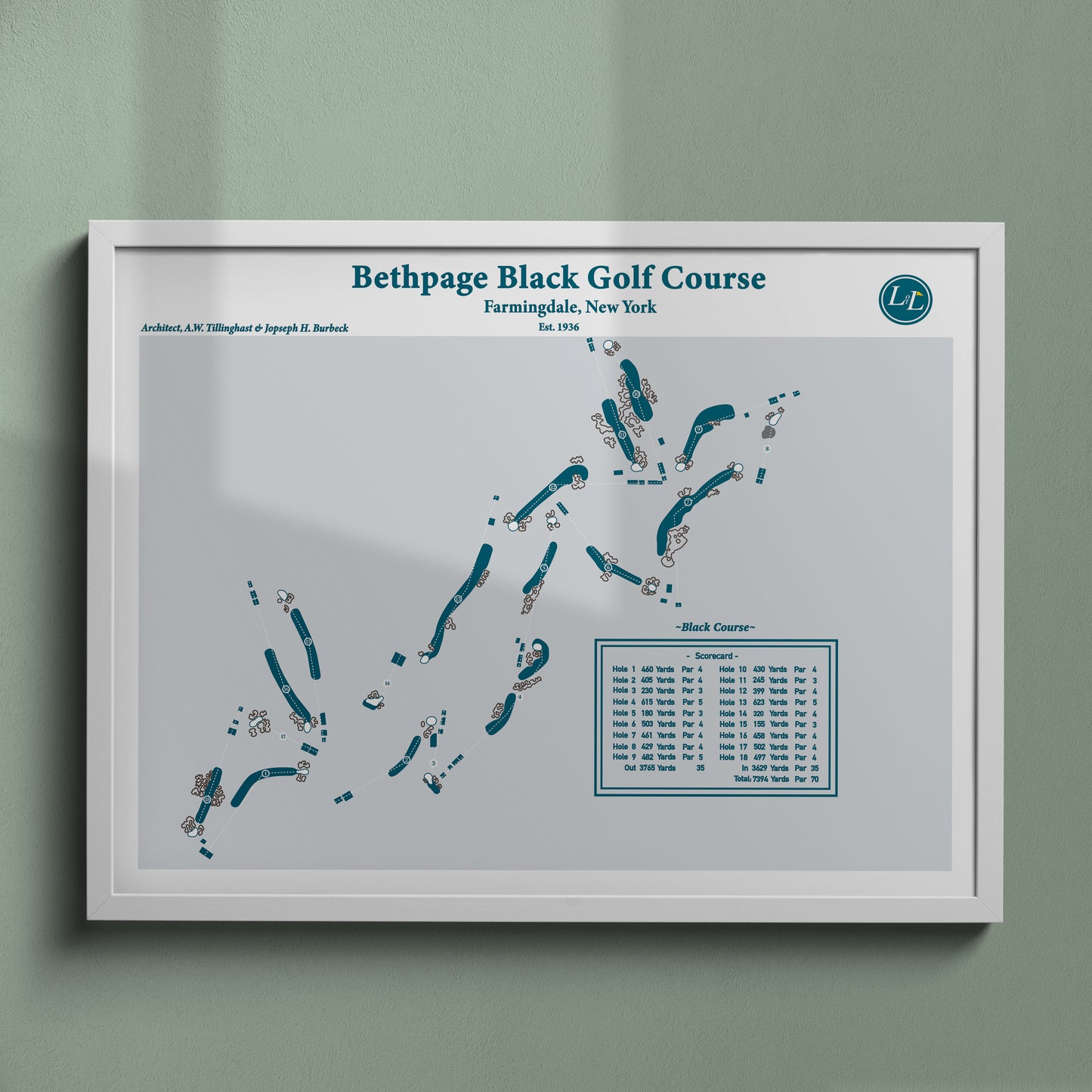 Bethpage Black Golf Course Map Print - Legacy Series - White Frame