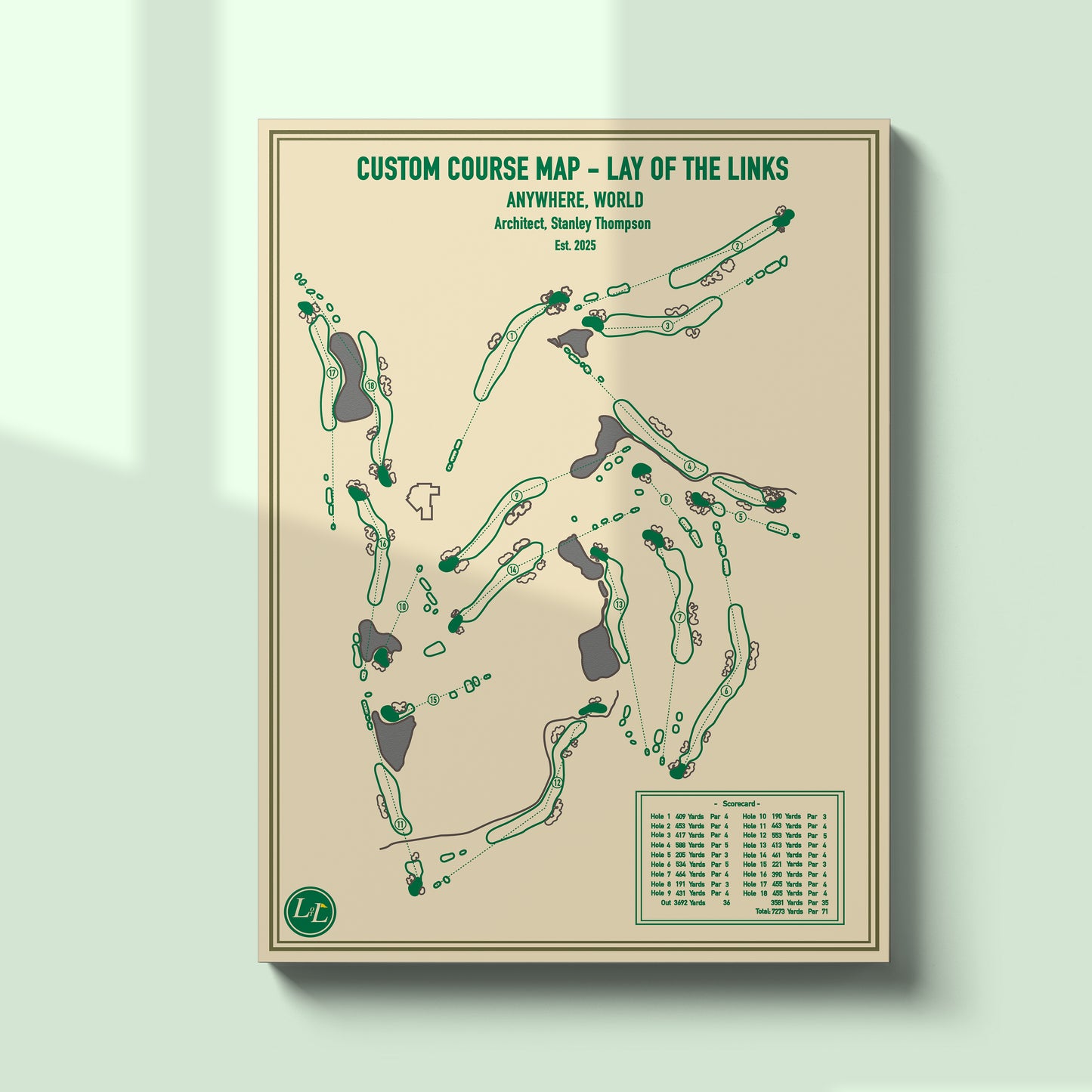 Unframed custom golf course map by lay of the links - blueprint series