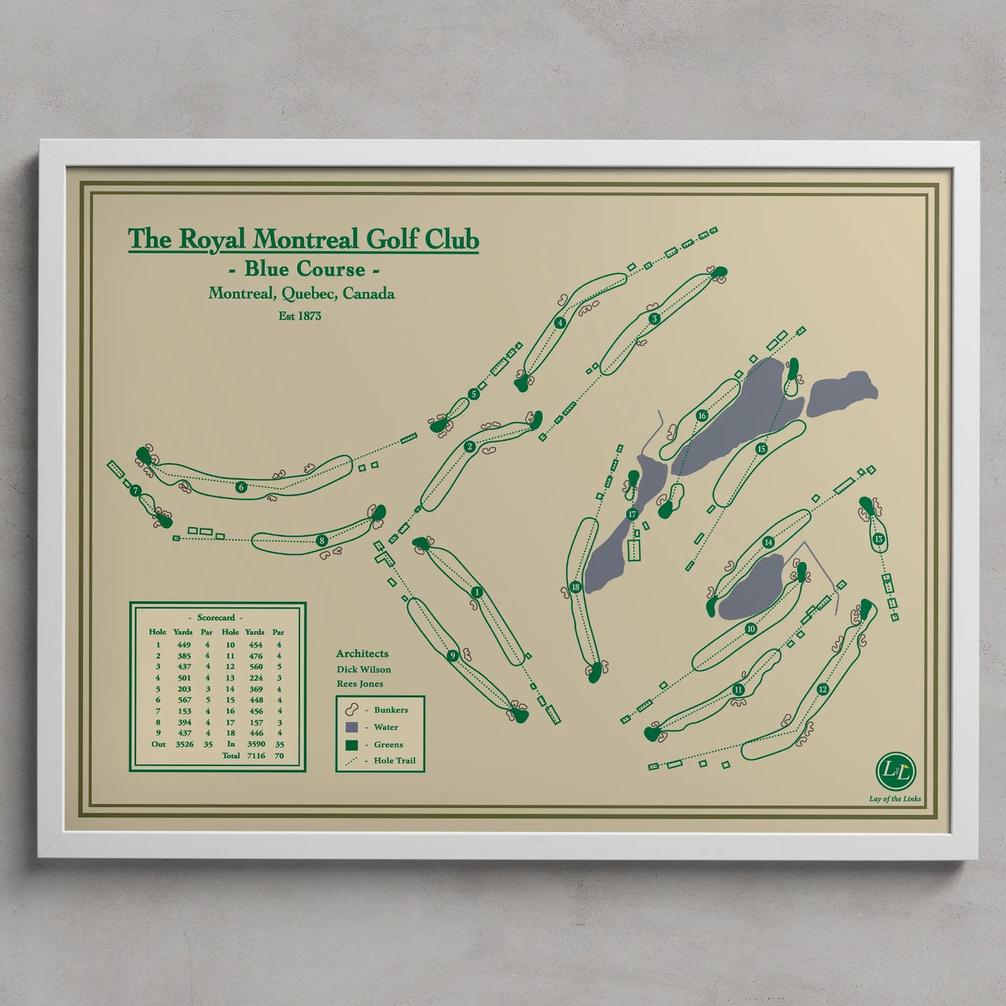 Royal Montreal Blue Course map print in a white frame, featuring the historic Presidents Cup venue in Quebec.
