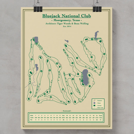 Bluejack National course map poster print showing the rolling topography and pristine Augusta-like aesthetic.