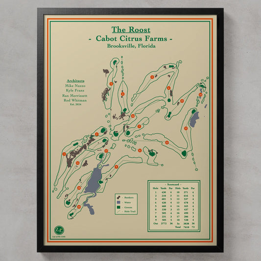 Framed map of Cabot Citrus Farms at The Roost in Brooksville, Florida.