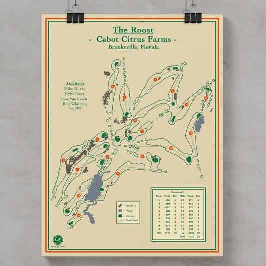Golf course map of 'The Roost' at Cabot Citrus Farms, Brooksville, Florida, on a beige background.
