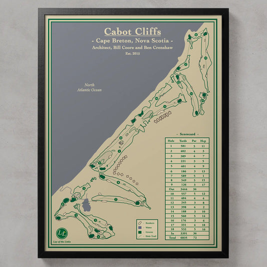 Framed map of Cabot Cliffs golf course in Cape Breton, Nova Scotia on a gray background