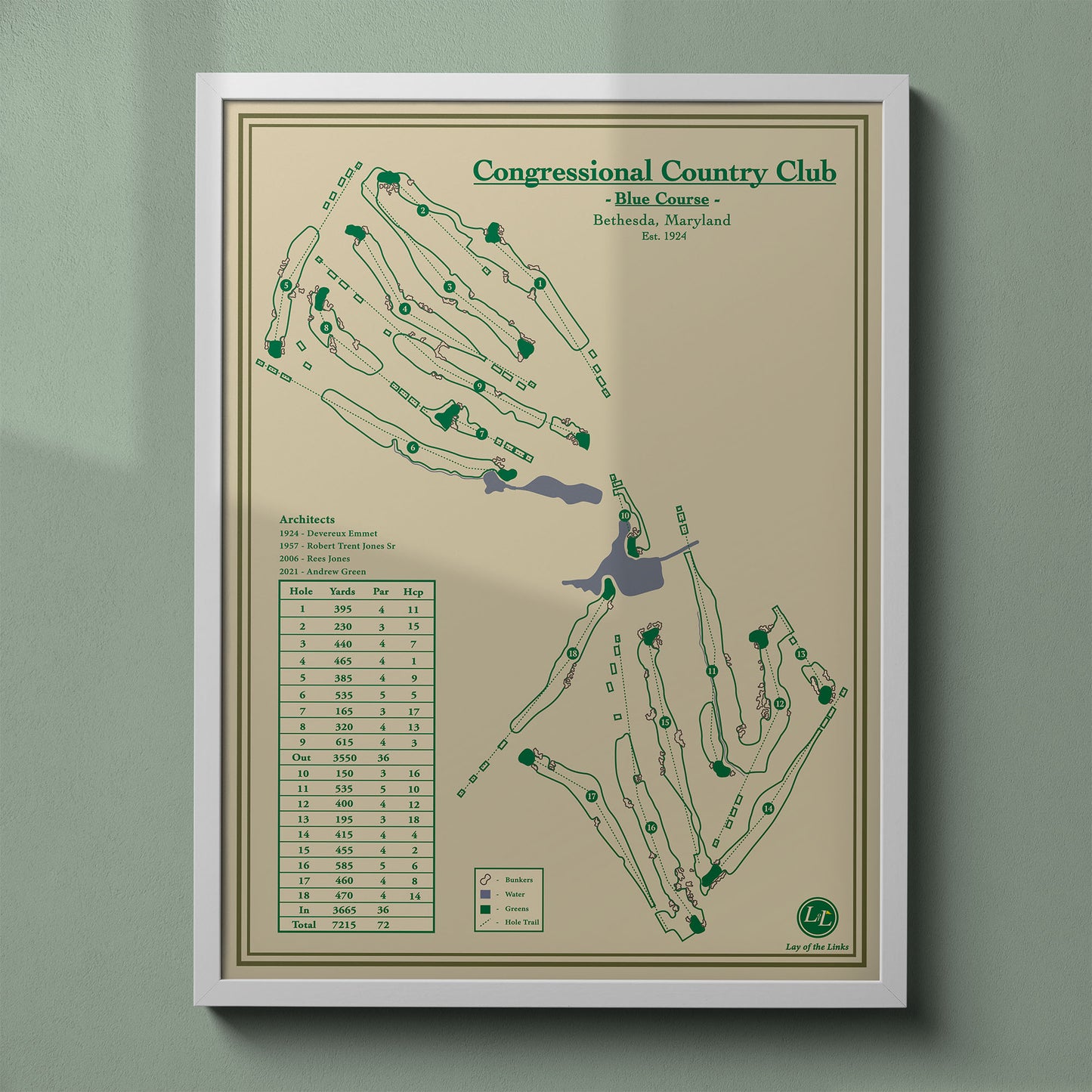 Congressional Country Club map poster print showing the full routing and famous finishing hole over water.