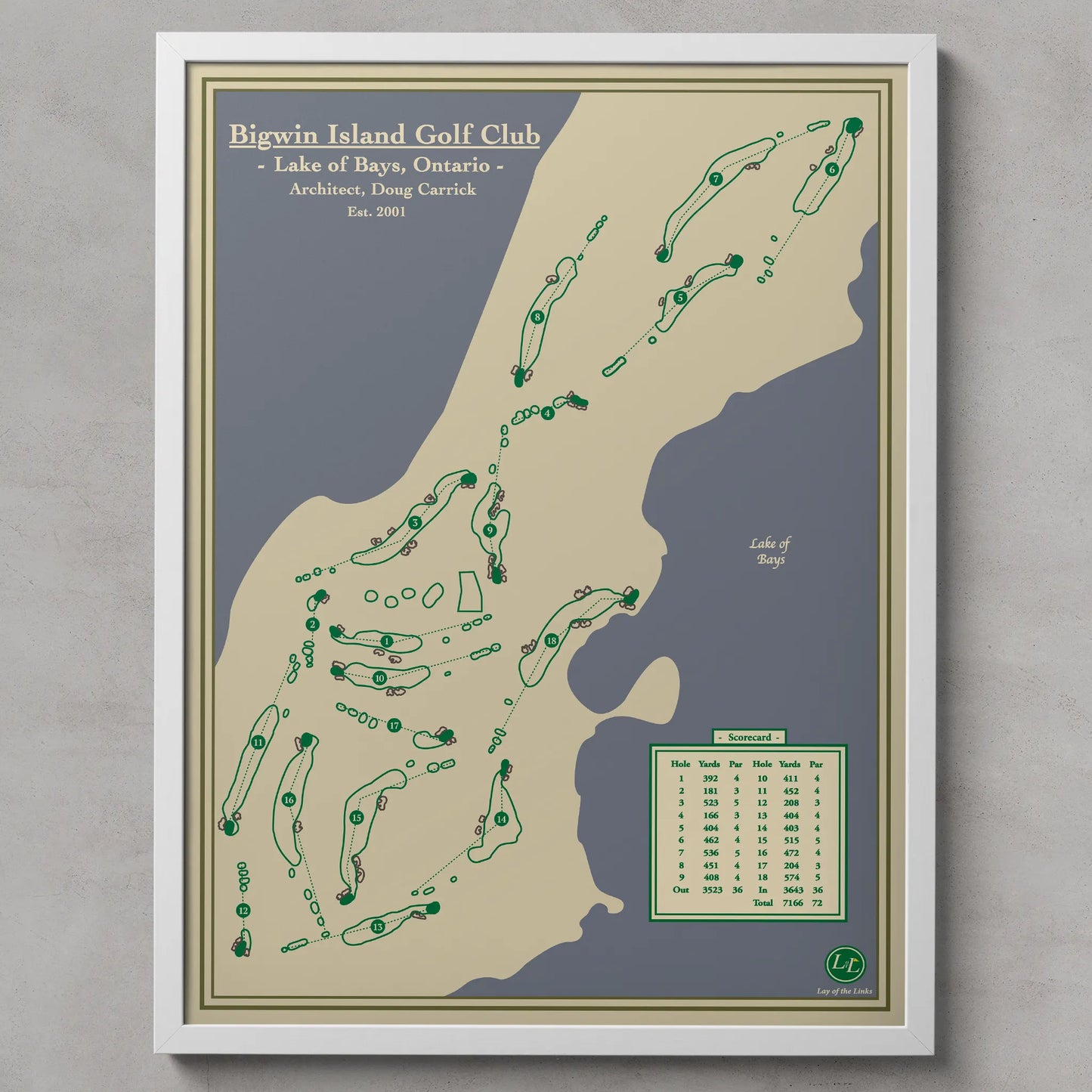 Map of Bigwin Island Golf Club with green markers on a gray background