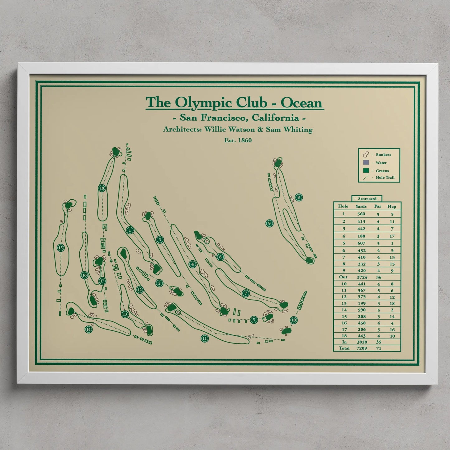 Golf Map Blueprint Art - Ocean Course tat The Olympic Club in San Francisco