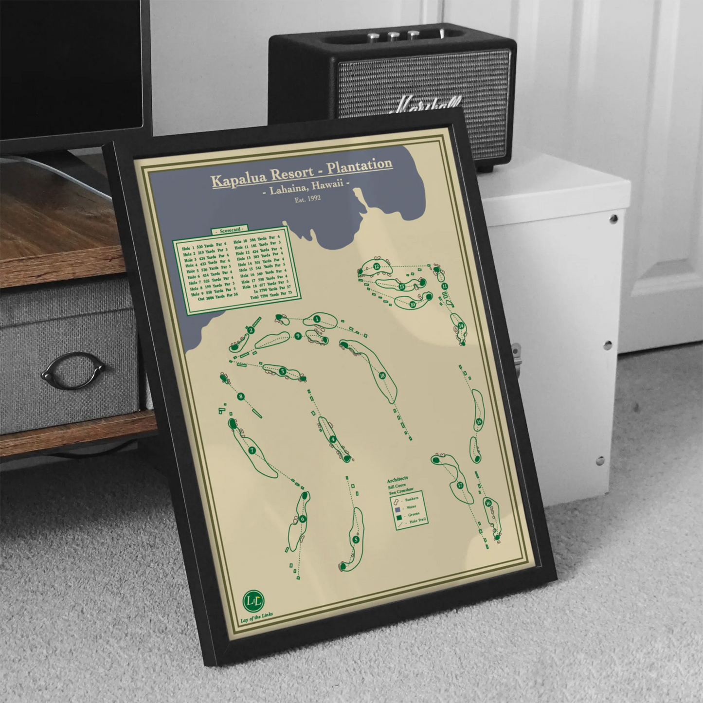 Kapalua Plantation, Hawaii Golf Course Map Print, PGA tour venue