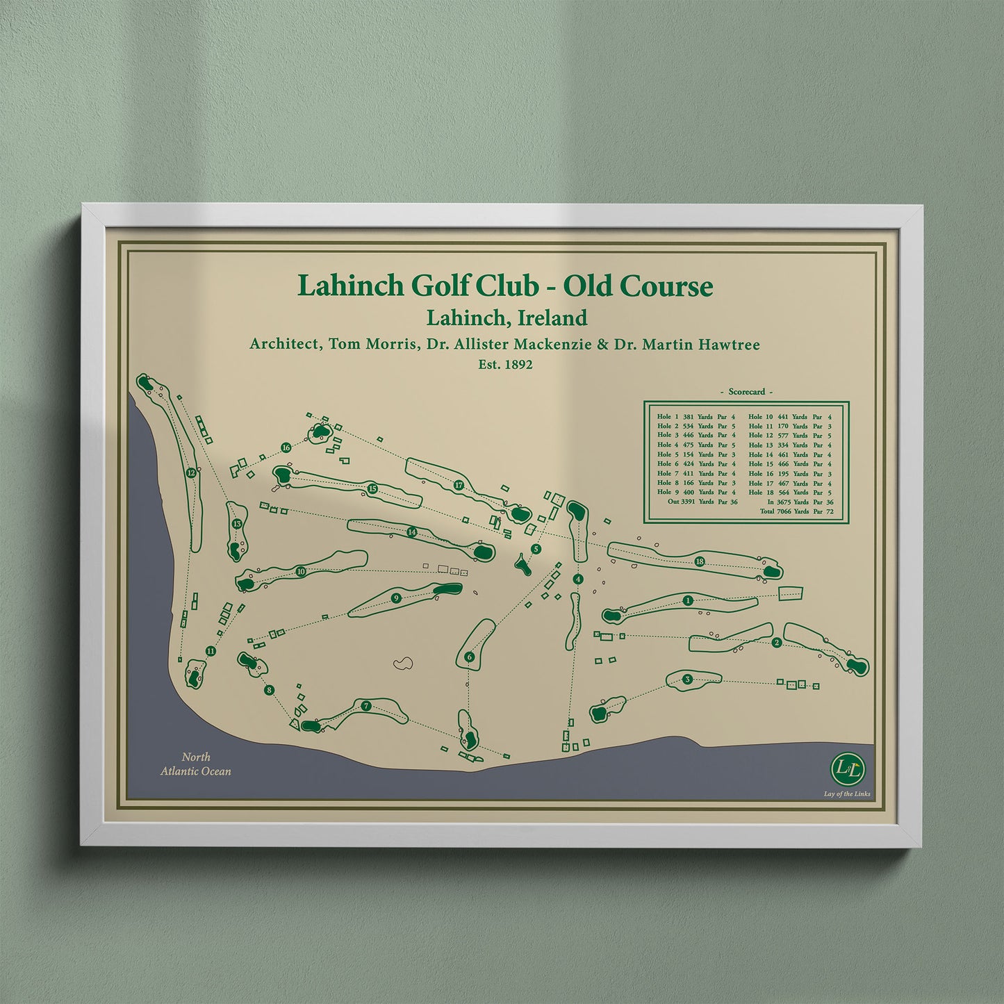 Lahinch Golf Club map print in a white frame, featuring the iconic "Klondyke" and "Dell" holes in County Clare.