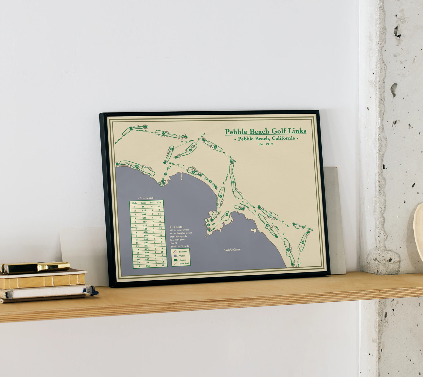 Course Map Print of Pebble Beach Golf Links host of the US Open & AT&T PGA tour event