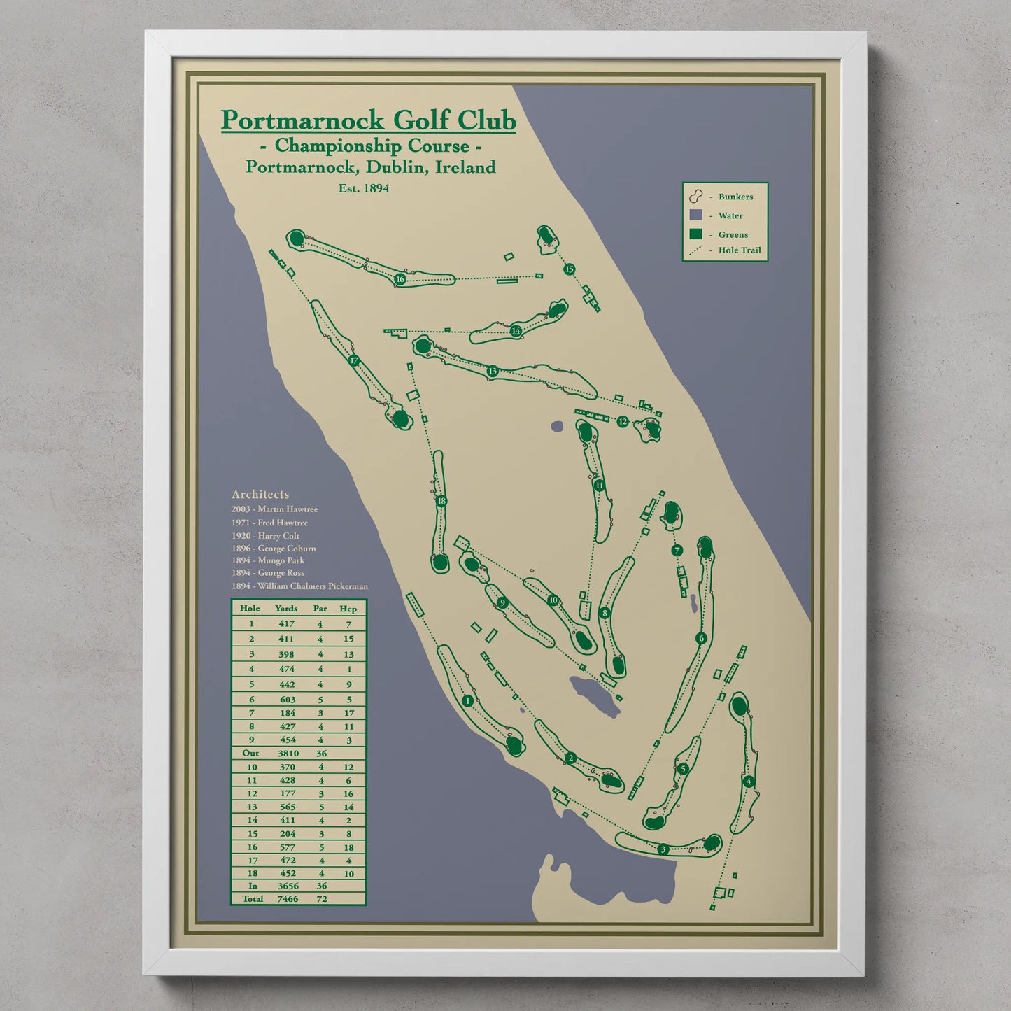 Map of Portmarnock Golf Club on a gray background in Dublin, Ireland