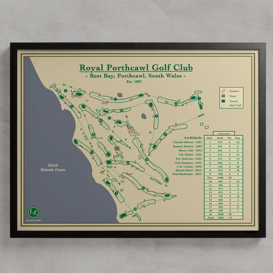 Framed course map of Royal Porthcawl Golf Club in South Wales