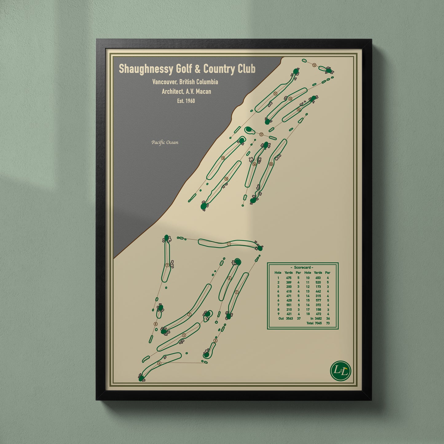 Shaughnessy Golf Club Golf Course Map Print - Blueprint Series - Black Frame