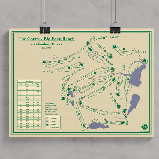 Golf course map of 'The Covey - Big Easy Ranch' in Columbus, Texas, on a beige background.