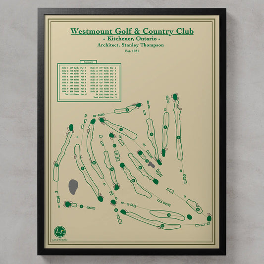 Framed map of Westmount Golf & Country Club with green text and lines on a beige background.