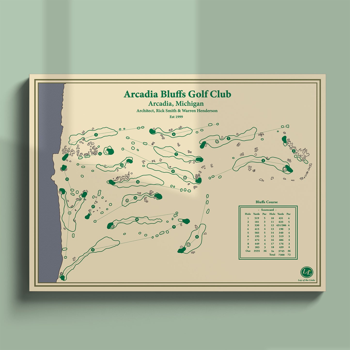 Unframed Arcadia Bluffs course map poster print showing the full routing and coastline views.
