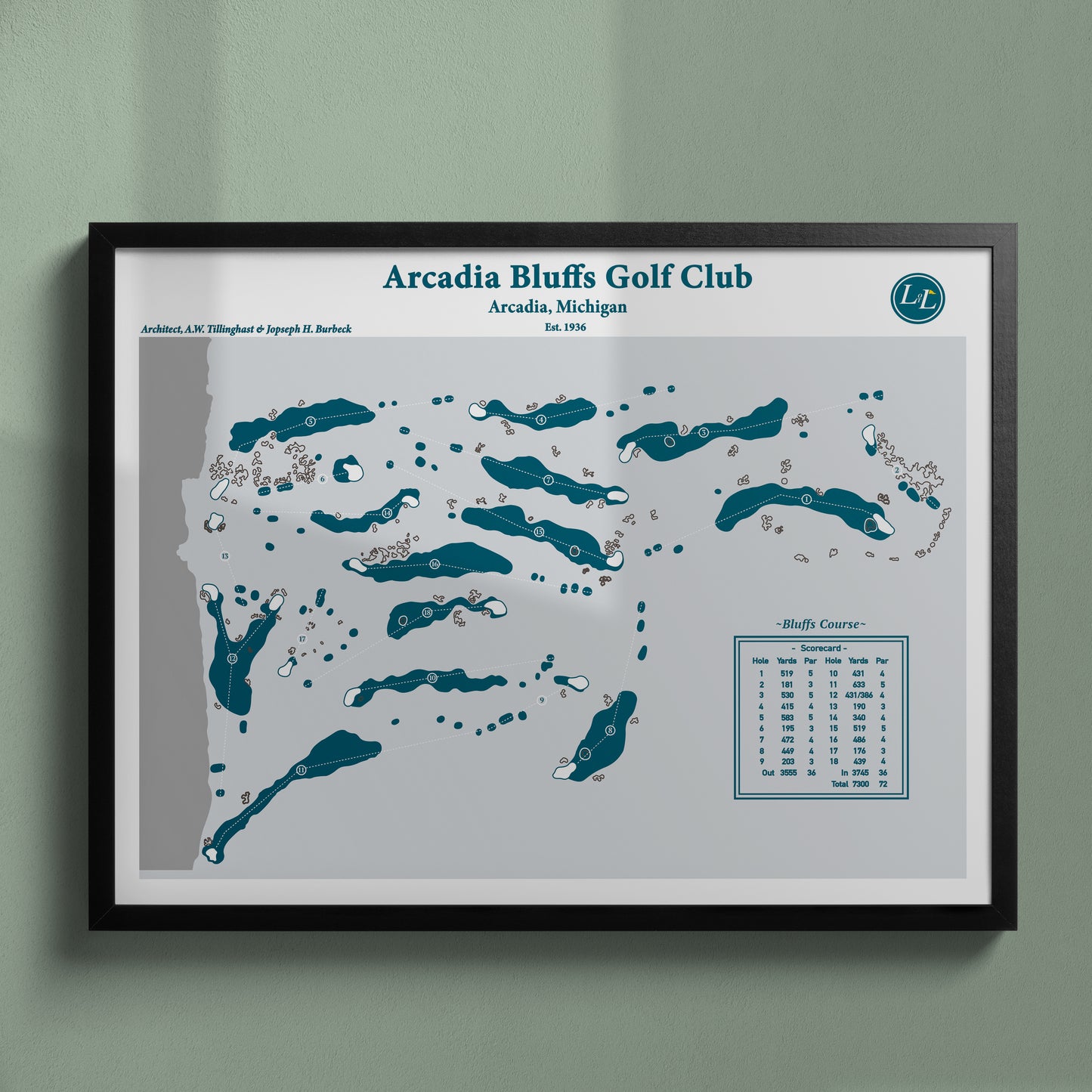 Arcadia Bluffs Golf Club Course Map Print - Legacy Series - Black Frame