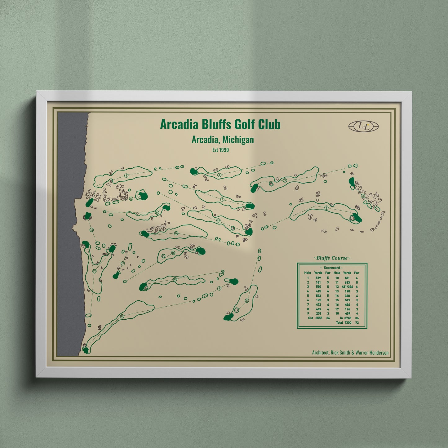 Arcadia Bluffs Golf Club Course Map Print - Blueprint Series - White Frame