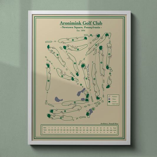 Aronimink map print in a white frame, featuring the historic championship venue in Newtown Square, PA.