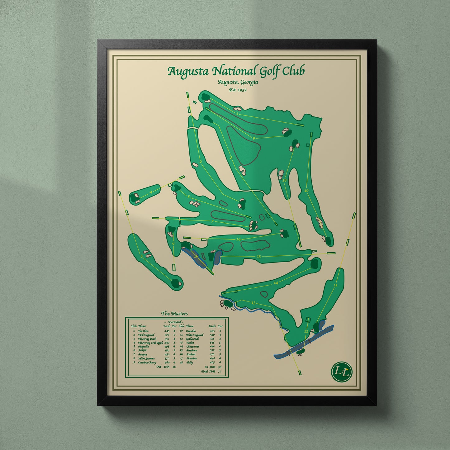 Framed map of Augusta National Golf Club on a beige background