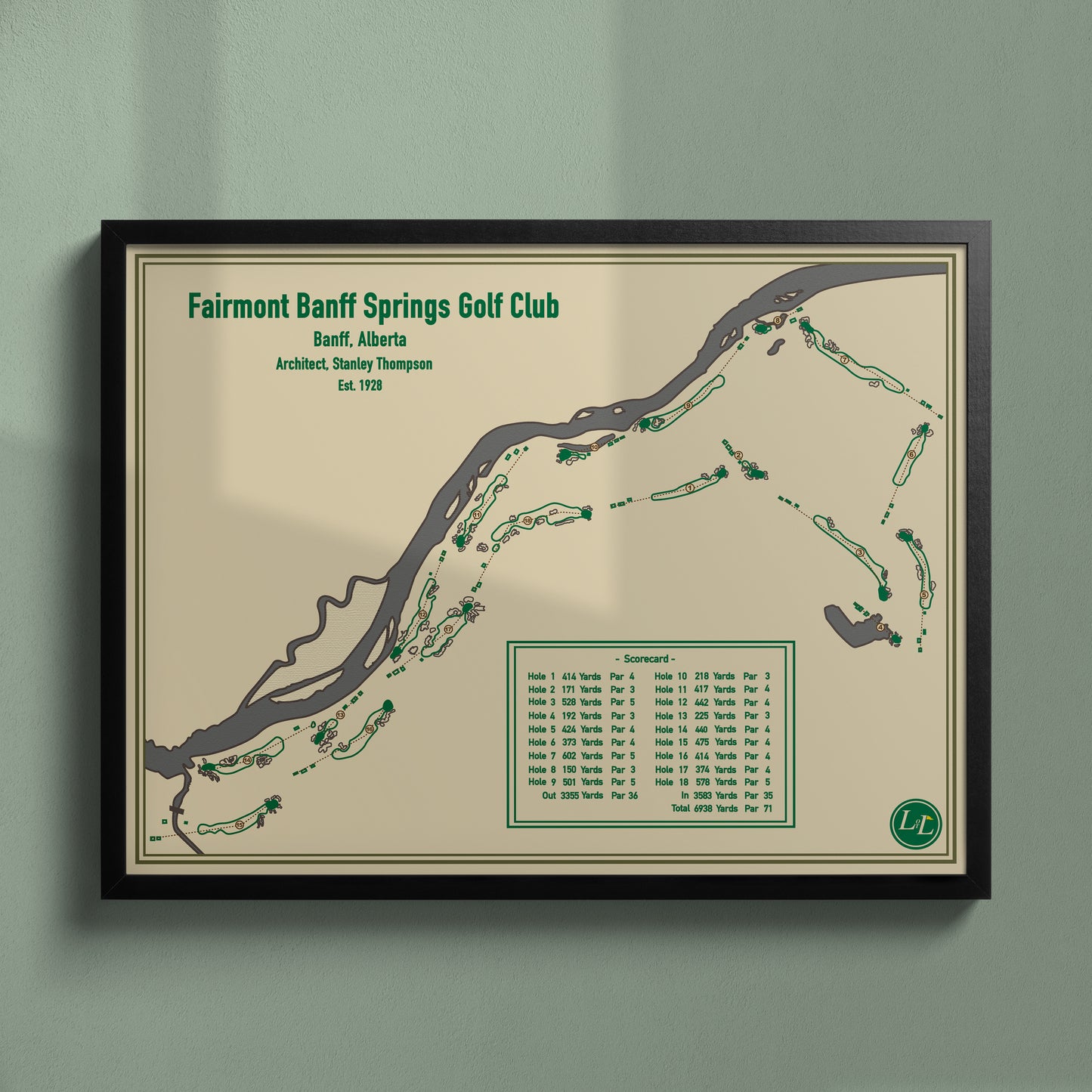 Black Framed map of Fairmont Jasper Park Lodge Golf Club - Blueprint Series