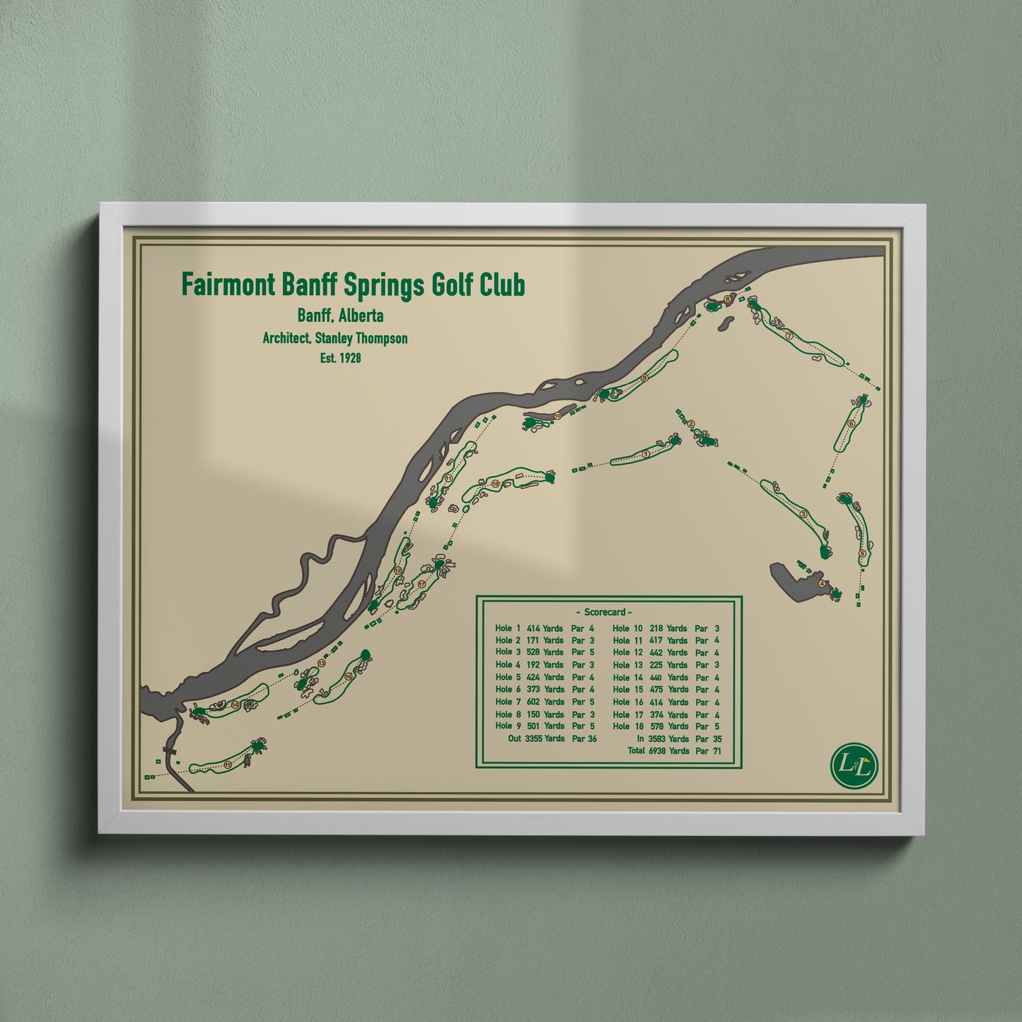 White Framed map of Fairmont Jasper Park Lodge Golf Club - Blueprint Series