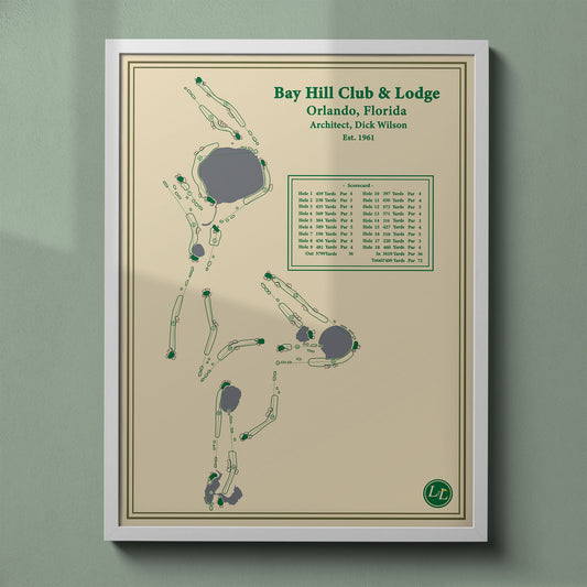 Bay Hill golf course map print in a white frame, featuring the home of the Arnold Palmer Invitational in Orlando.