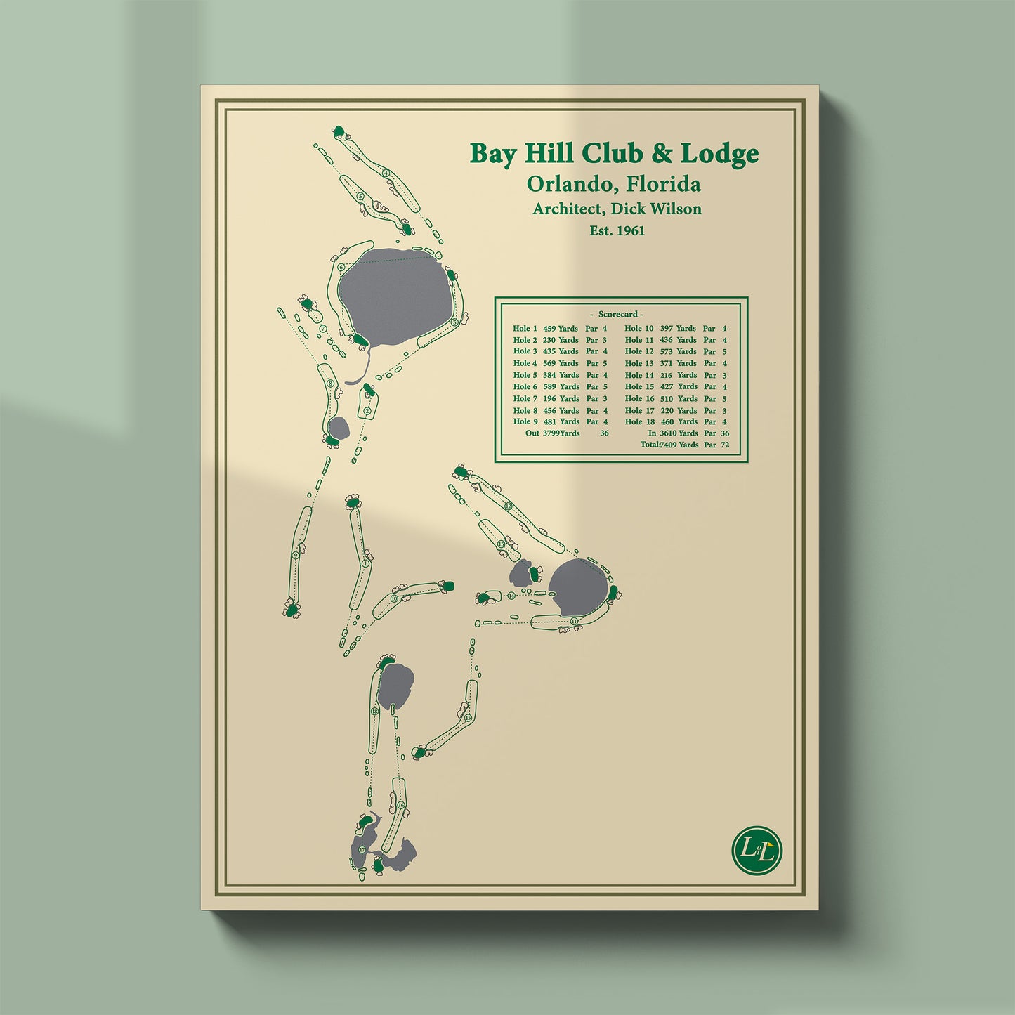 Unframed Bay Hill course map poster print showing the full routing and the iconic curving 18th hole.