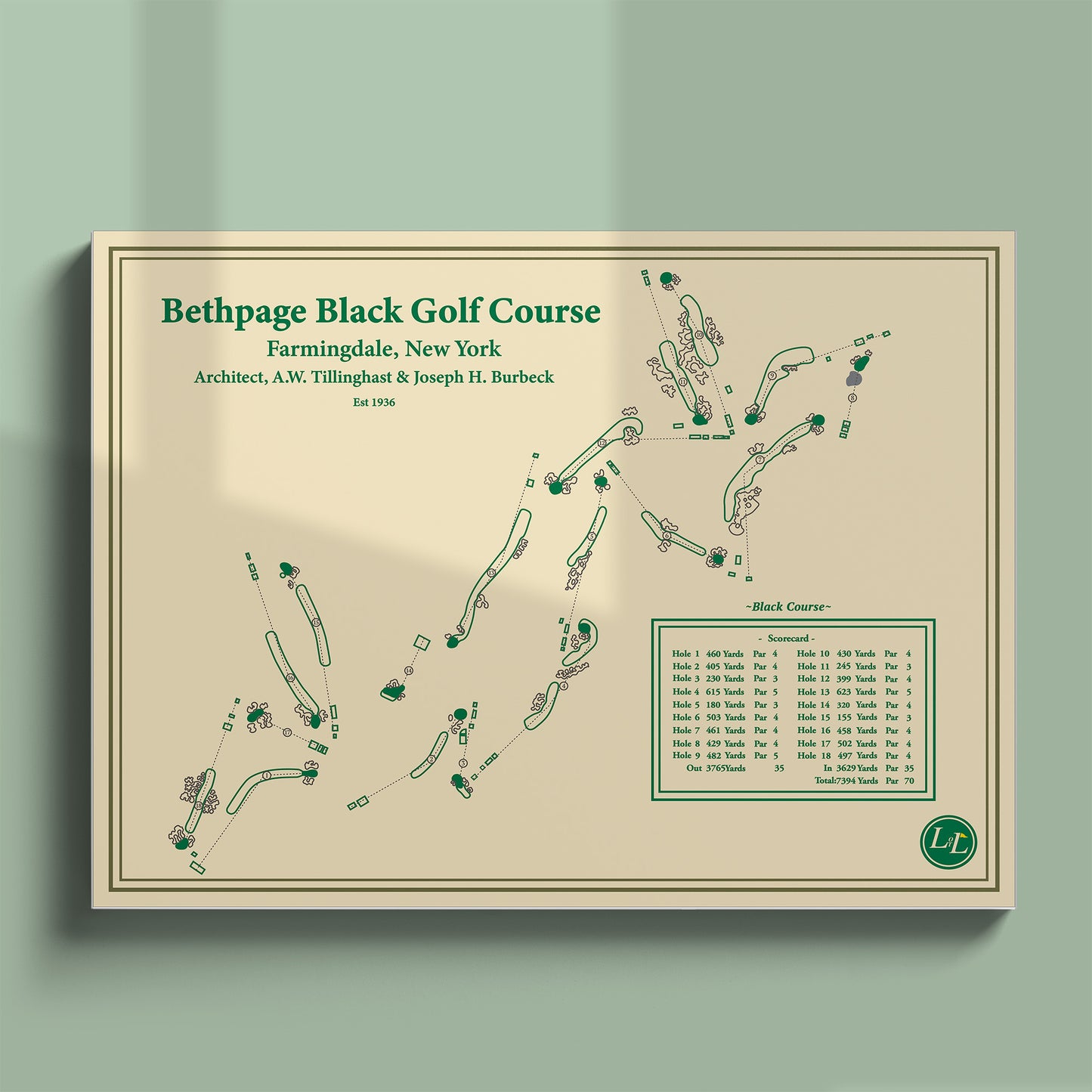 Unframed Bethpage Black course map poster print showing the full routing and 2025 Ryder Cup venue.
