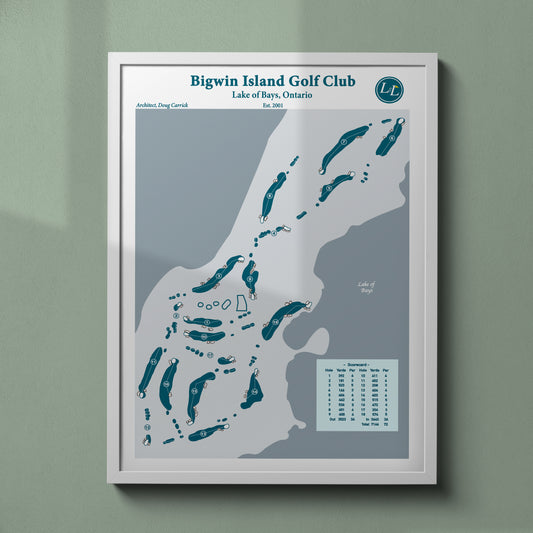 White Framed Course map of Bigwin Island Golf Club - Legacy Series