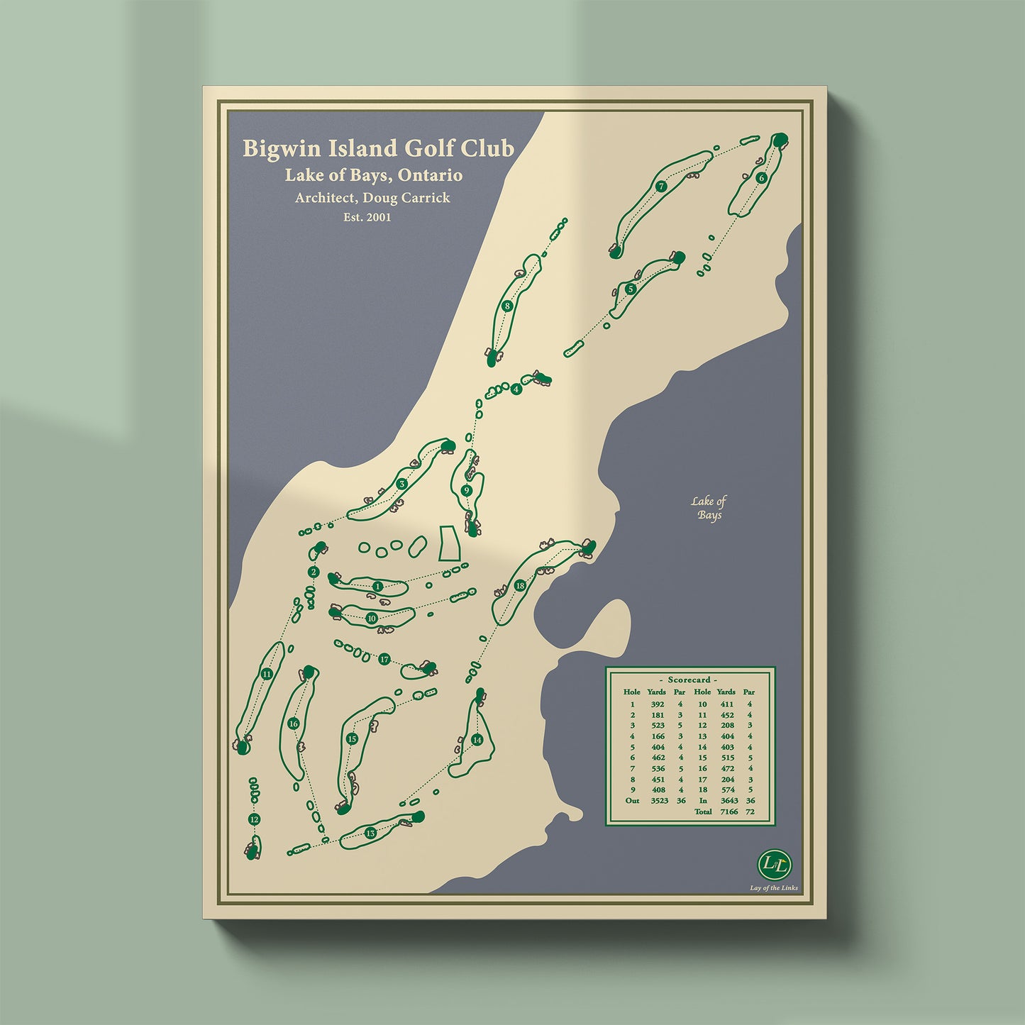 Unframed Bigwin Island course map poster print showing the unique island layout on Lake of Bays.