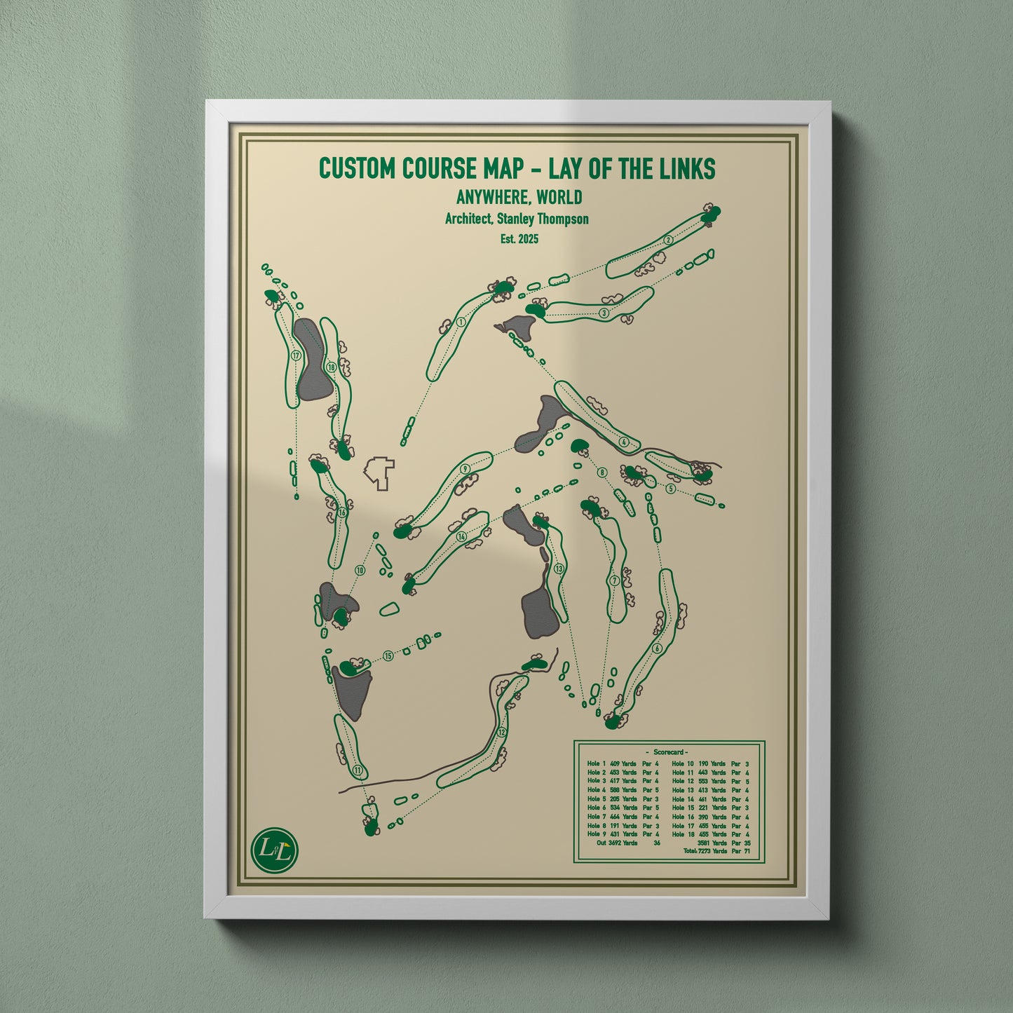 Framed custom golf course map by lay of the links - blueprint series