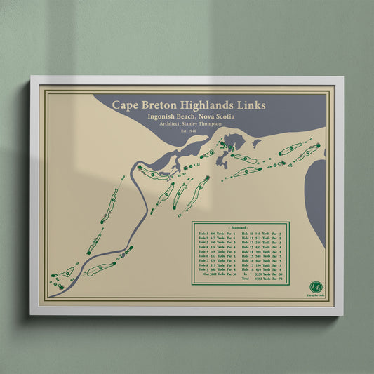 Cape Breton Highlands Links map print in a white frame, featuring the famous "Mountains and Ocean" layout in Nova Scotia.