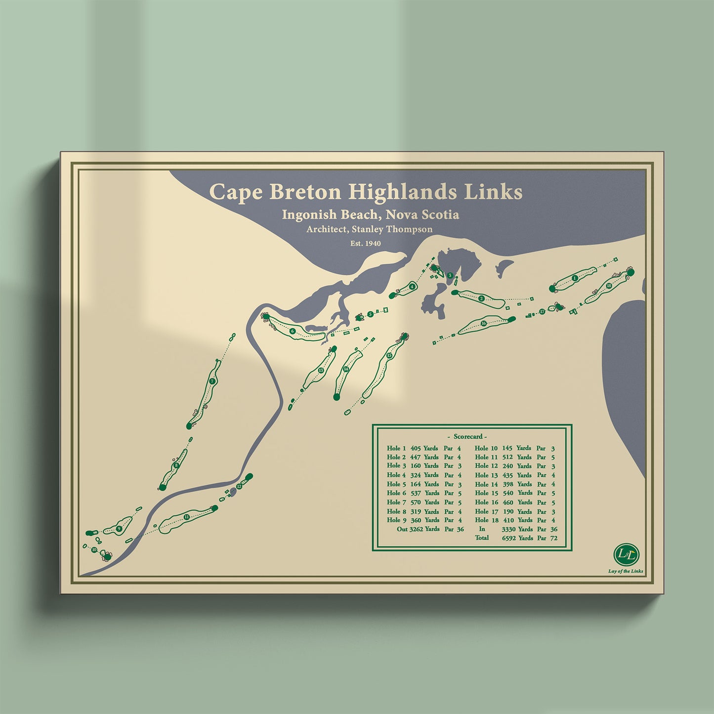 Unframed Cape Breton Highlands Links course map poster print showing the routing through the National Park.