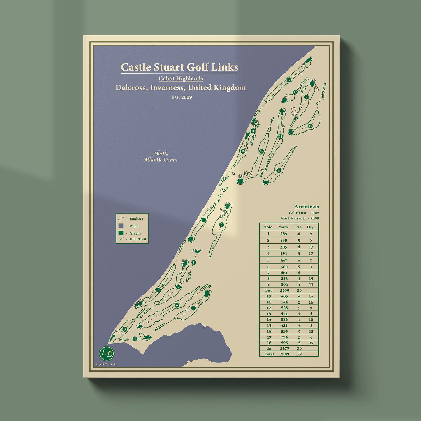 Unframed Castle Stuart course map poster print showing the routing, infinity greens, and famous Art Deco clubhouse.
