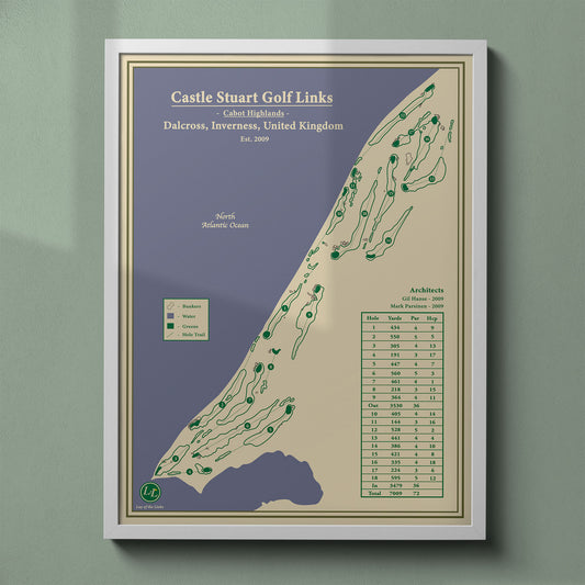 Castle Stuart Golf Links map print in a white frame, featuring the premier course at Cabot Highlands in Inverness.