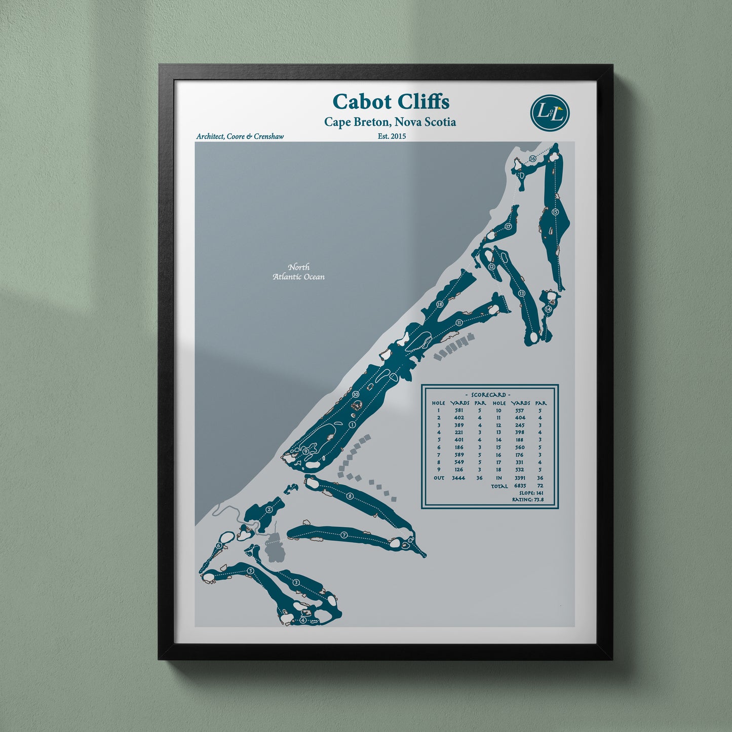 Black Framed Course Map of Cabot Cliffs - Legacy Series