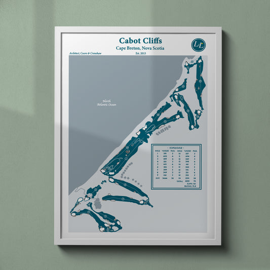 White Framed Course Map of Cabot Cliffs - Legacy Series