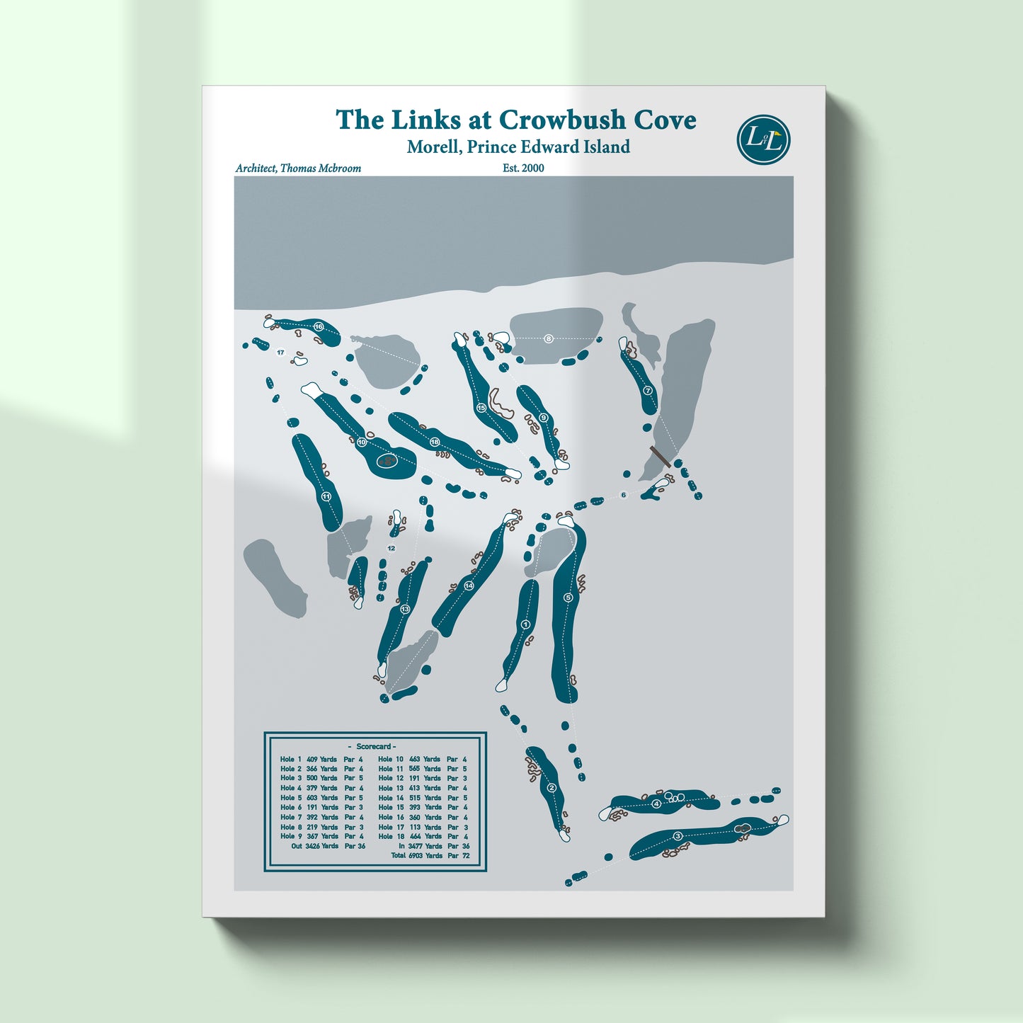 Framed map of The Links at Crowbush Cove golf course - UnFramed