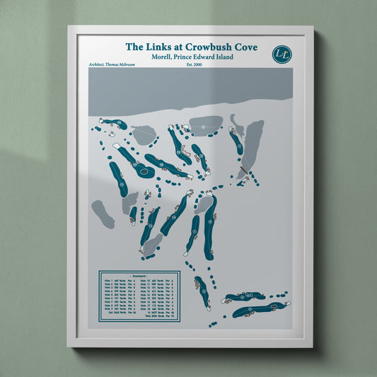Framed map of The Links at Crowbush Cove golf course - White Frame