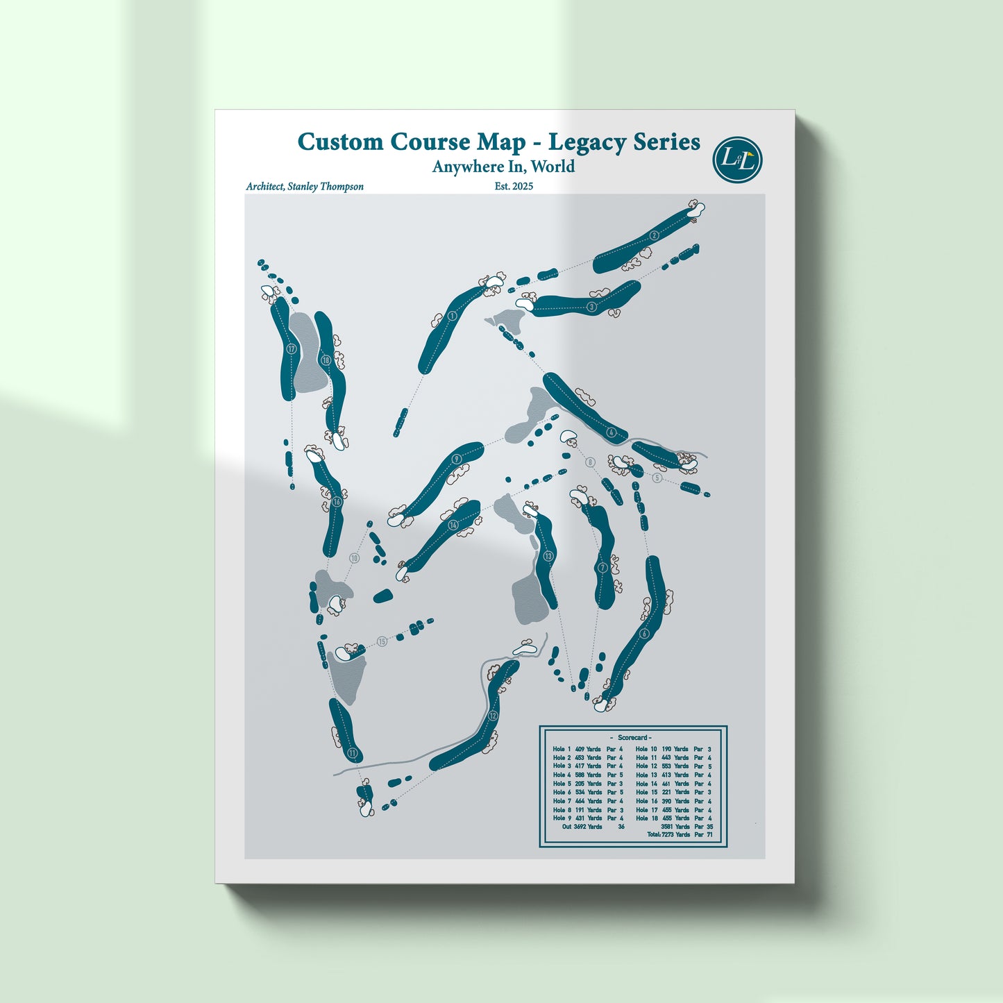 Framed custom golf course map by lay of the links - legacy series