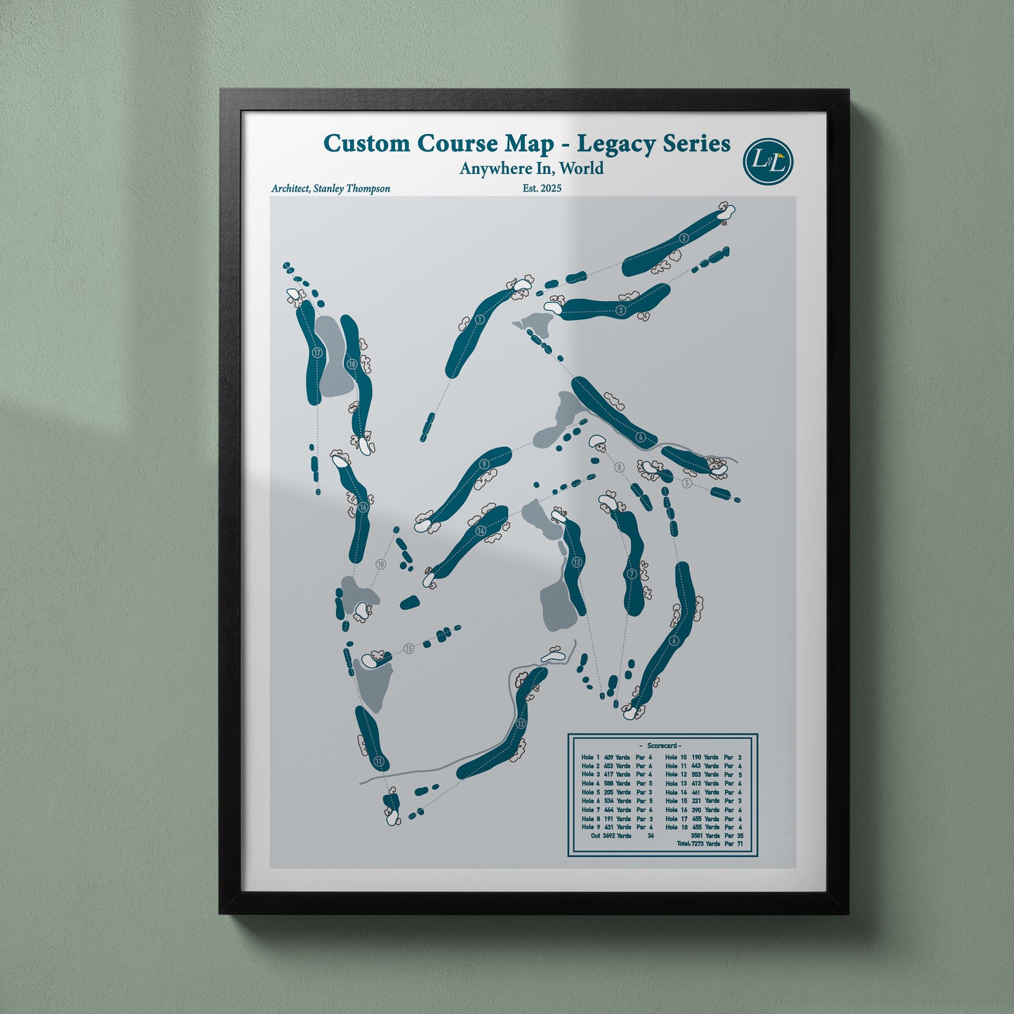 Framed custom golf course map by lay of the links - legacy series