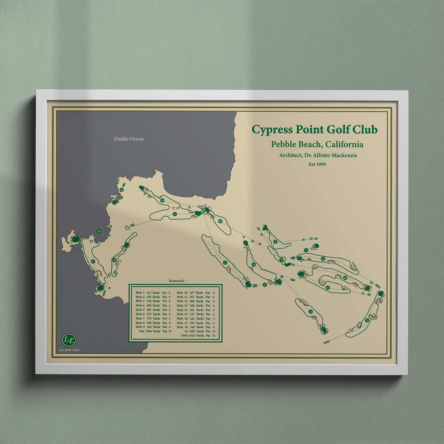 Cypress Point golf course map print in a white frame, featuring the legendary layout and famous 16th hole over the Pacific.