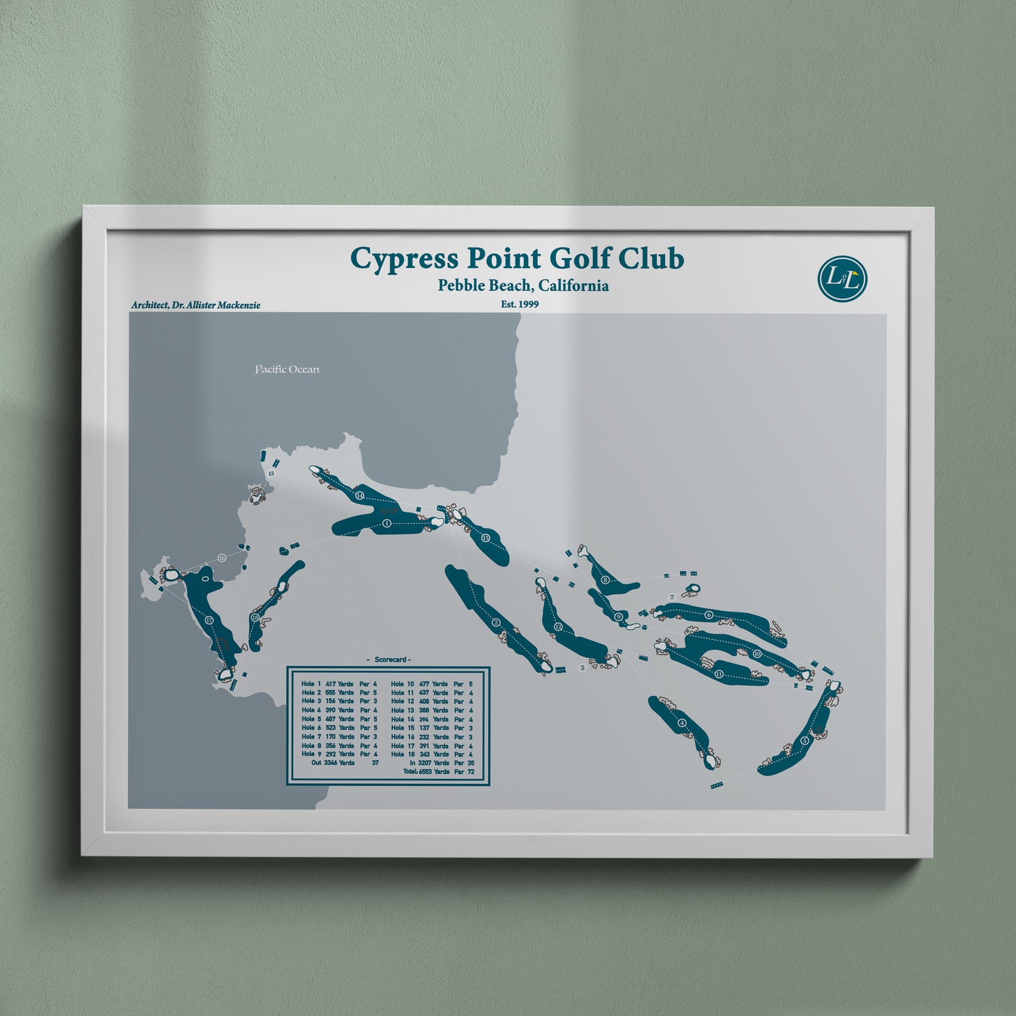 Cypress Point Golf Club Course Map Print - Legacy Series - White Frame