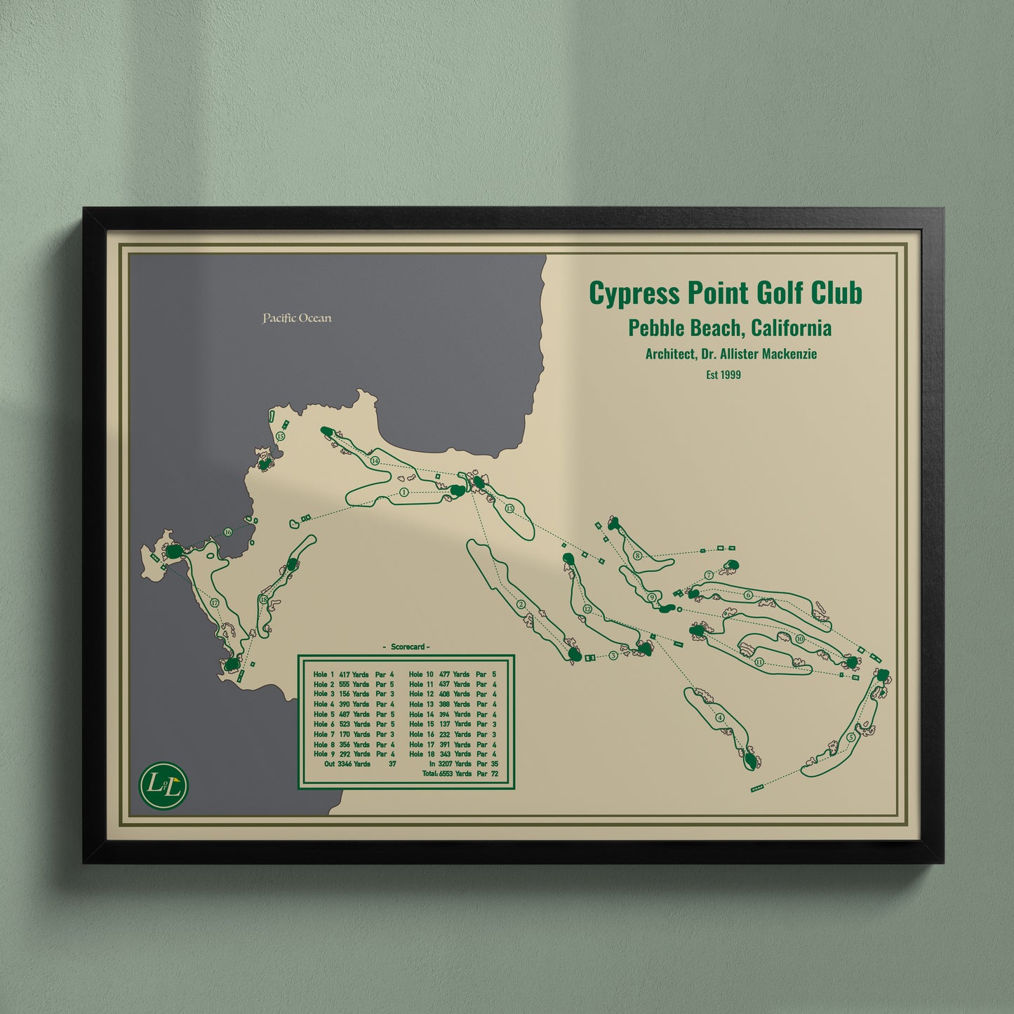 Cypress Point Golf Club Course Map Print - Blueprint Series - Black Frame