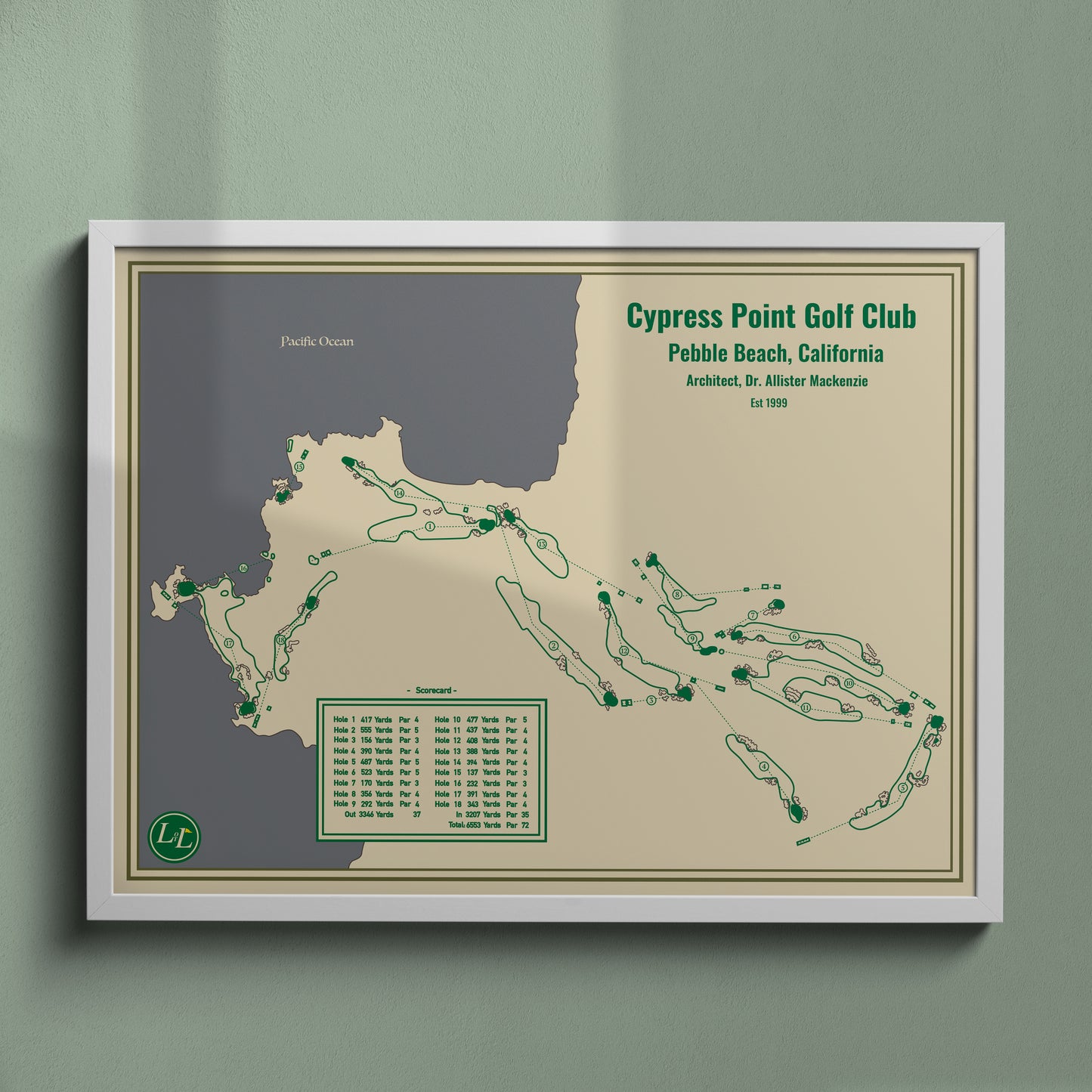 Cypress Point Golf Club Course Map Print - Blueprint Series - White Frame