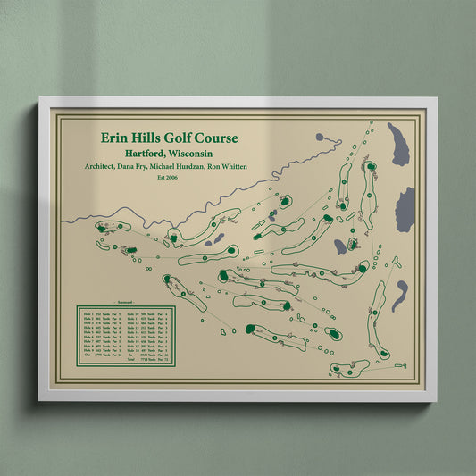 Erin Hills golf course map print in a white frame, featuring the fescue-lined fairways of the Kettle Moraine.