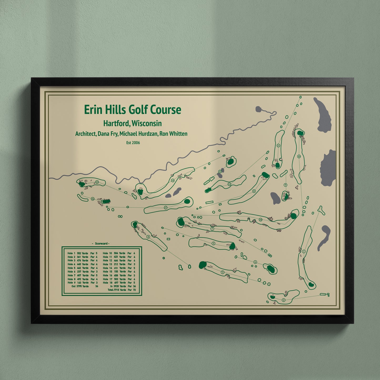 Erin Hills Golf Course Map - Blueprint Series - Black Frame