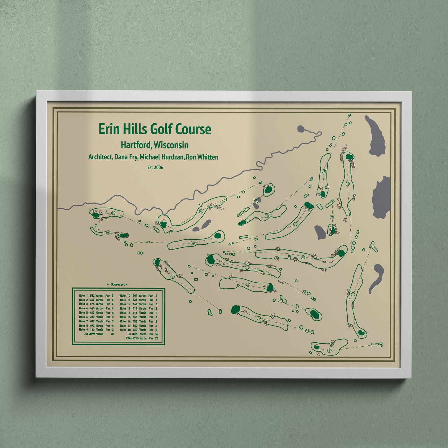 Erin Hills Golf Course Map - Blueprint Series - White Frame