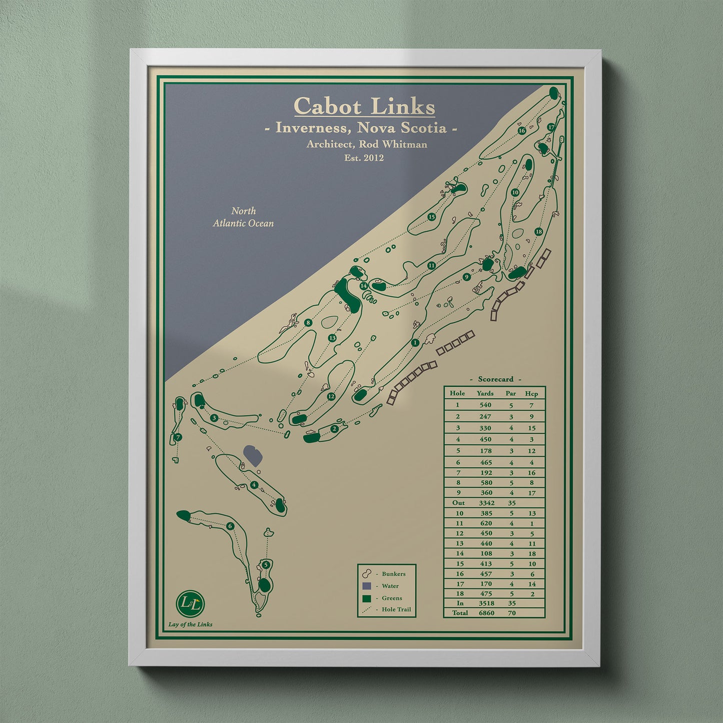 Cabot Links map print in a white frame, featuring Canada's first true links course in Nova Scotia.