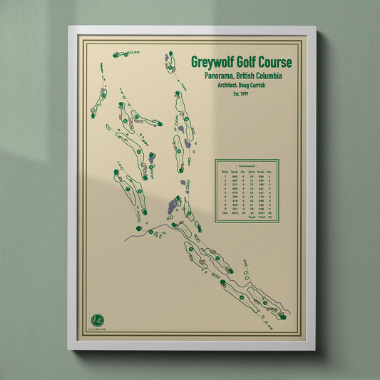 Greywolf golf course map print in a white frame, featuring the legendary "Cliffhanger" par-3 hole.